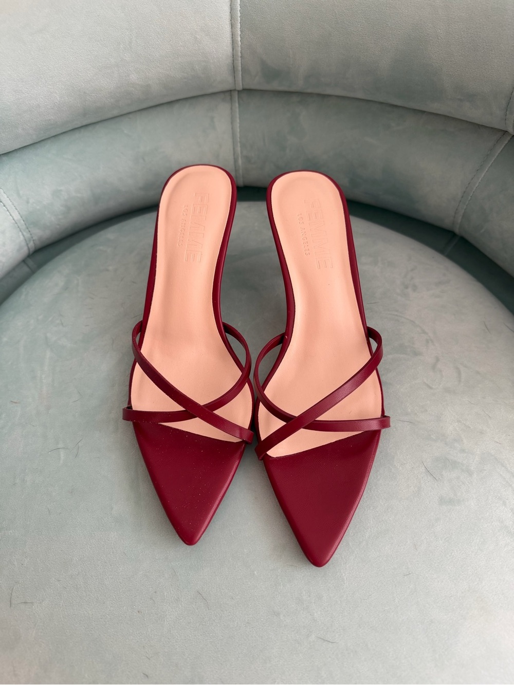 🍷 FEMME LA Burgundy Strappy Pointed Toe Mule Heels 36